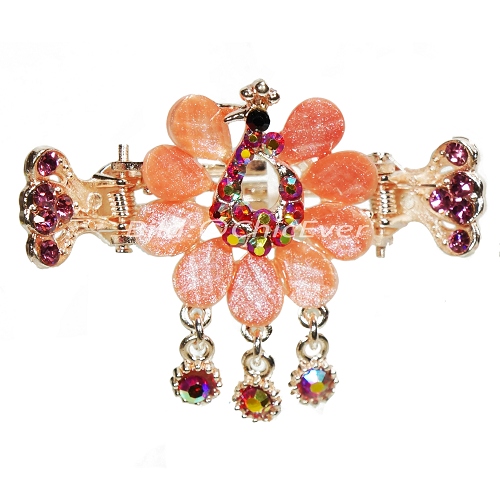 Haargreifer Pfau Haarspange Haarkneifer Haarklammer Metall & Strass rot pink rosa gold 4973e - zum Schließen ins Bild klicken